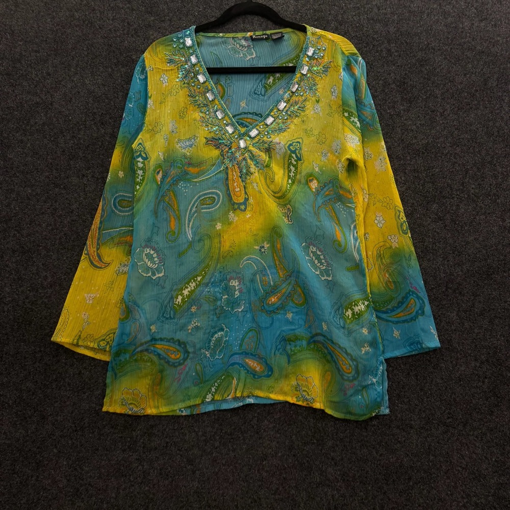 Vintage Raviya Sheer Paisley Tunic Top Yellow Turquoise Rhinestone Beaded Medium